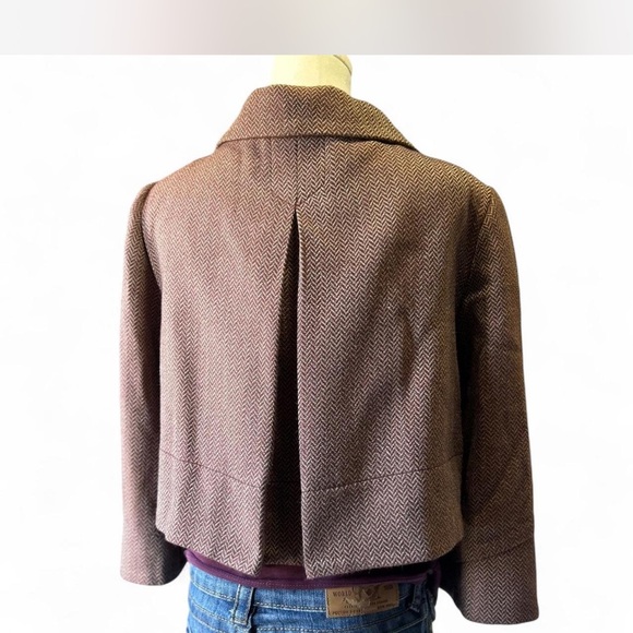 Y2K Short Blazer Bolero Swing Jacket in Burgundy Cream Herringbone Size Large - Picture 2 of 7